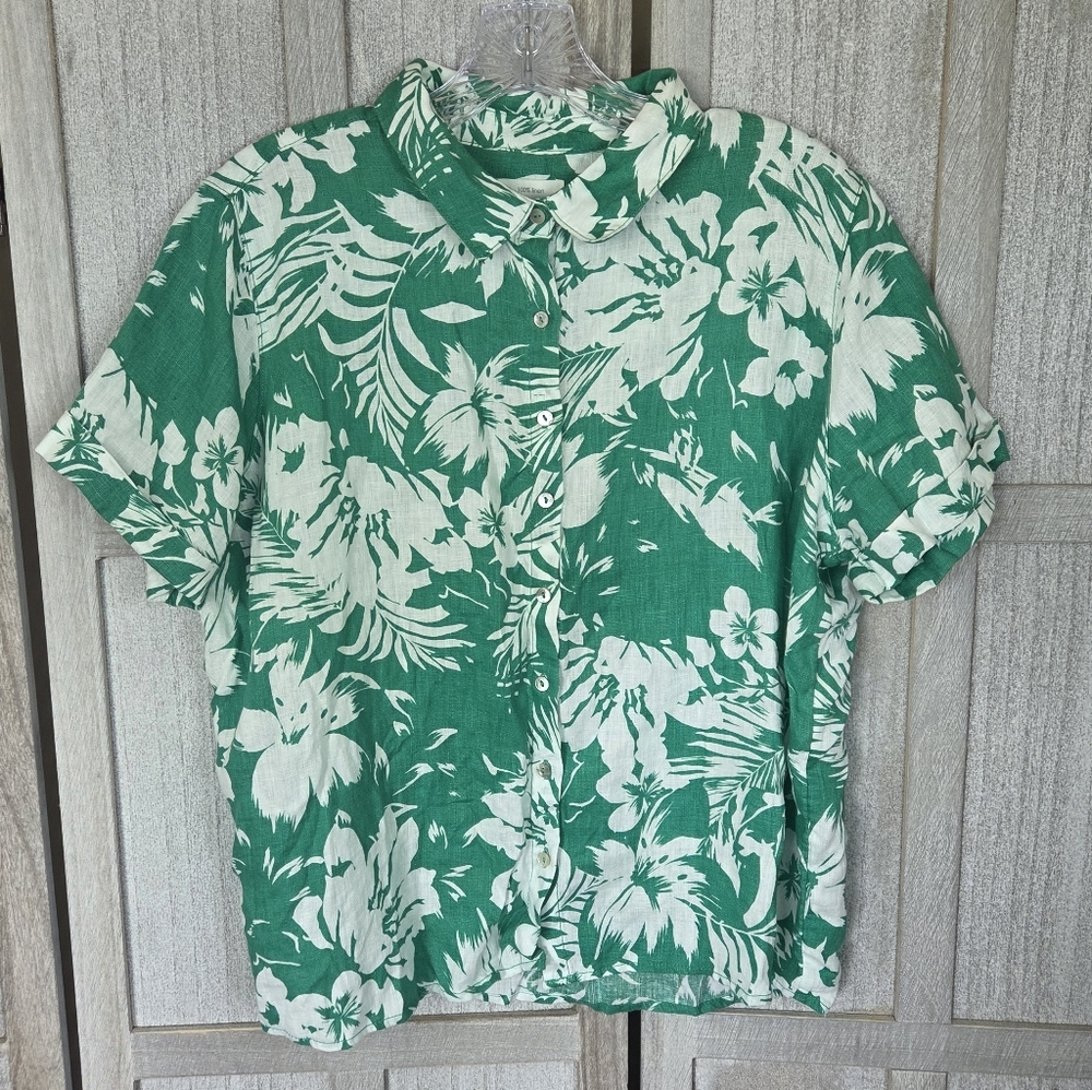 C&C California Women's Linen Button Down Shirt Size L Green Tropical Print - Picture 2 of 7